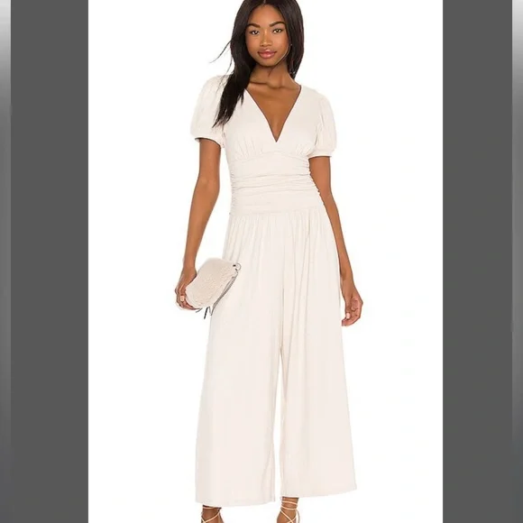 NWT Susana Monaco x Revolve Beige Gathered Jumpsuit in Blanched Almond - Picture 4 of 7